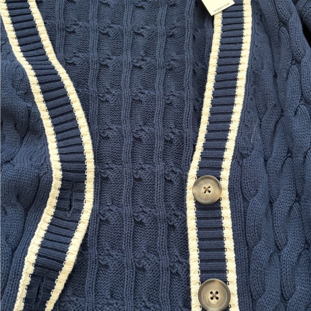 Old Navy Navy Blue Cable Cardigan with White Trim - Picture 2 of 3
